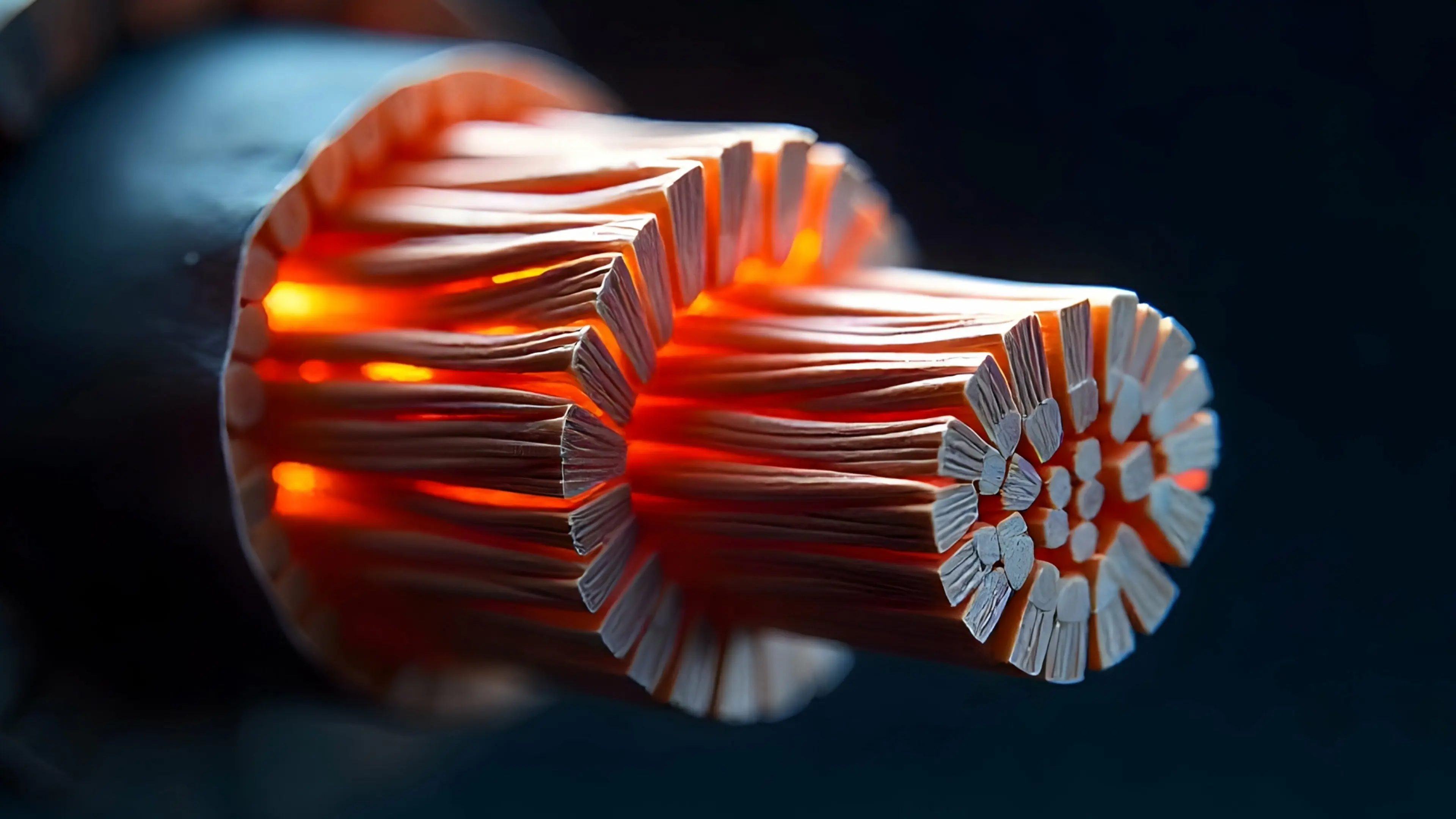 Close up on end of HV cable - black background