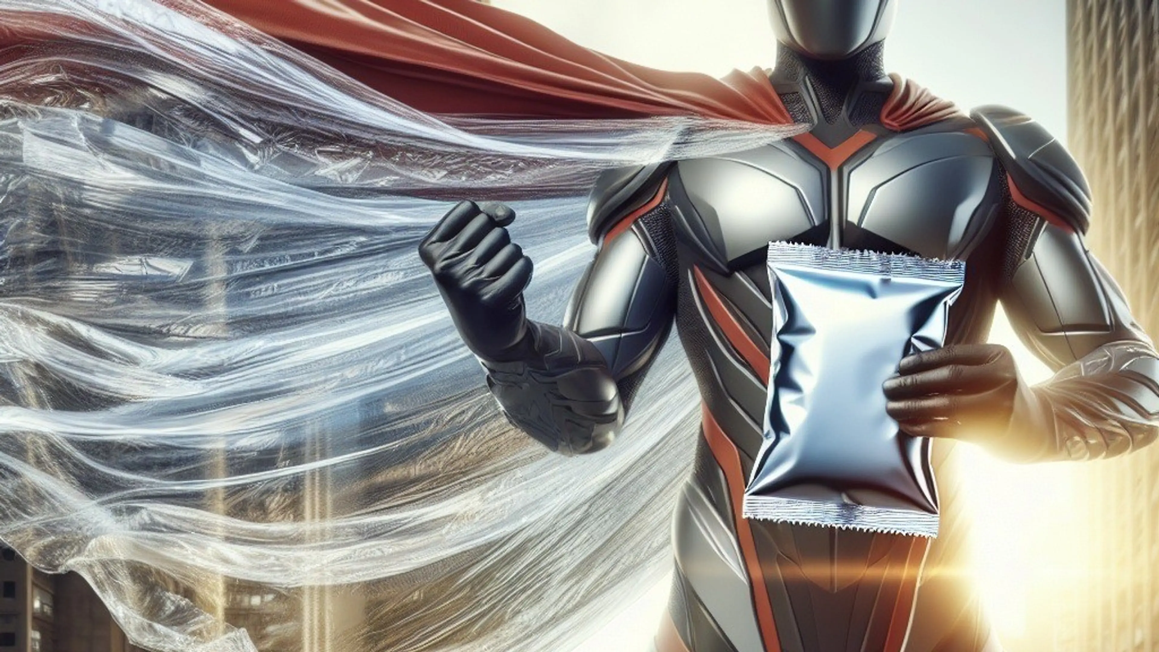 Superhero robot holding bioriented film food pouch