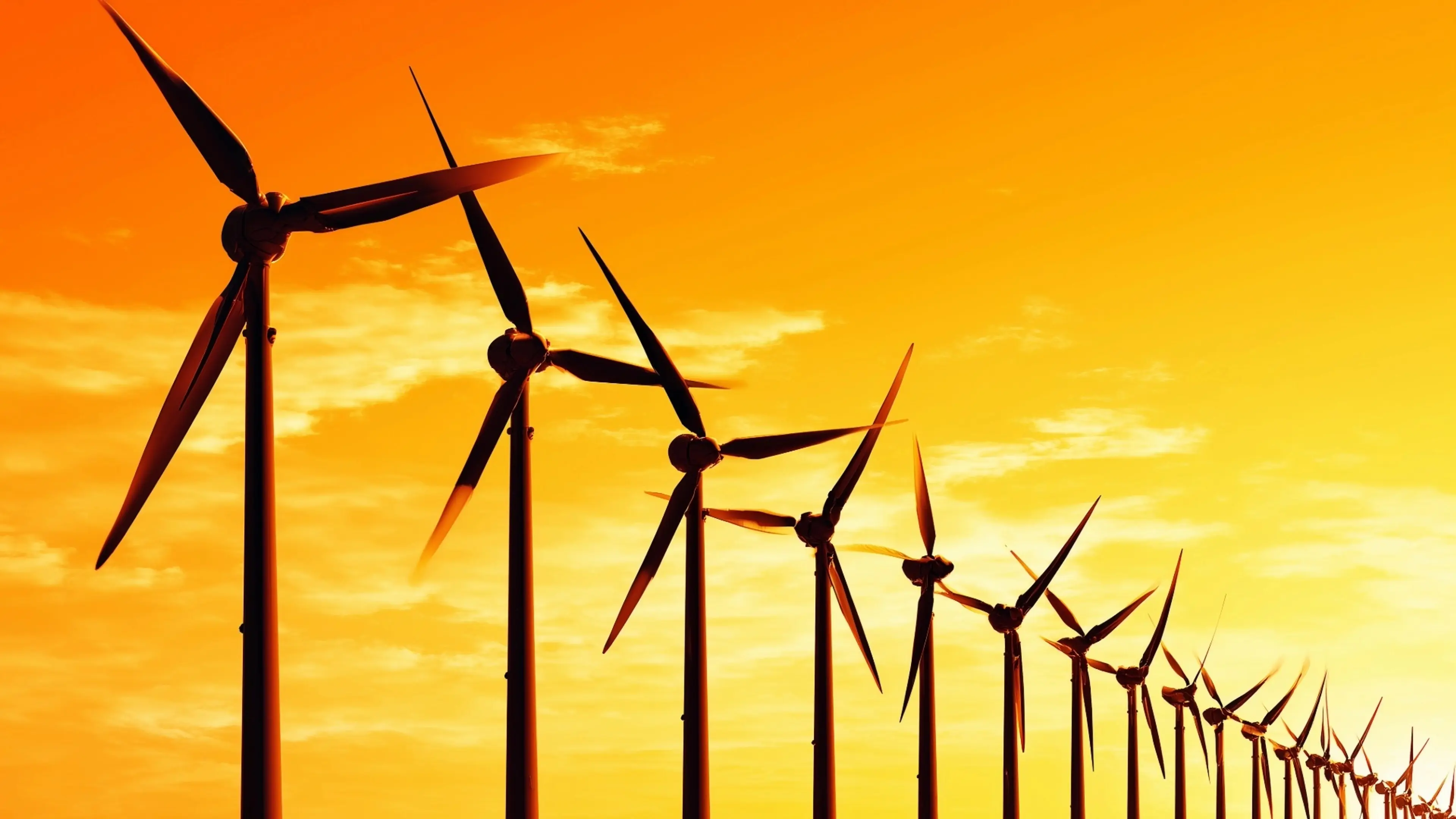 Row of wind turbines with sunset background