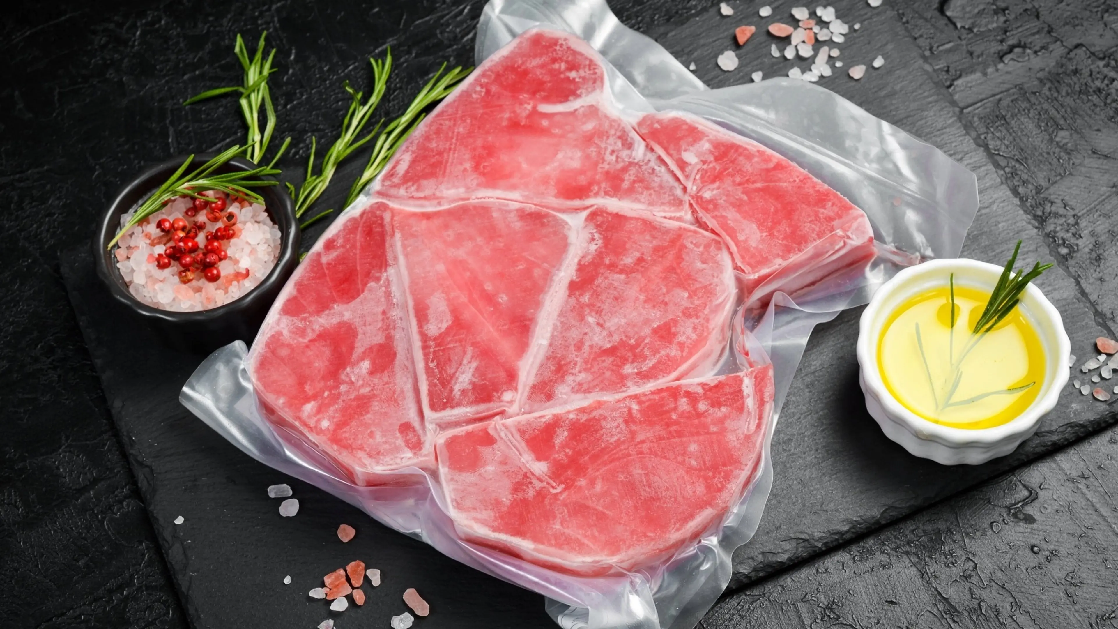 Several tuna steaks in plastic wrap displayed against a black background,