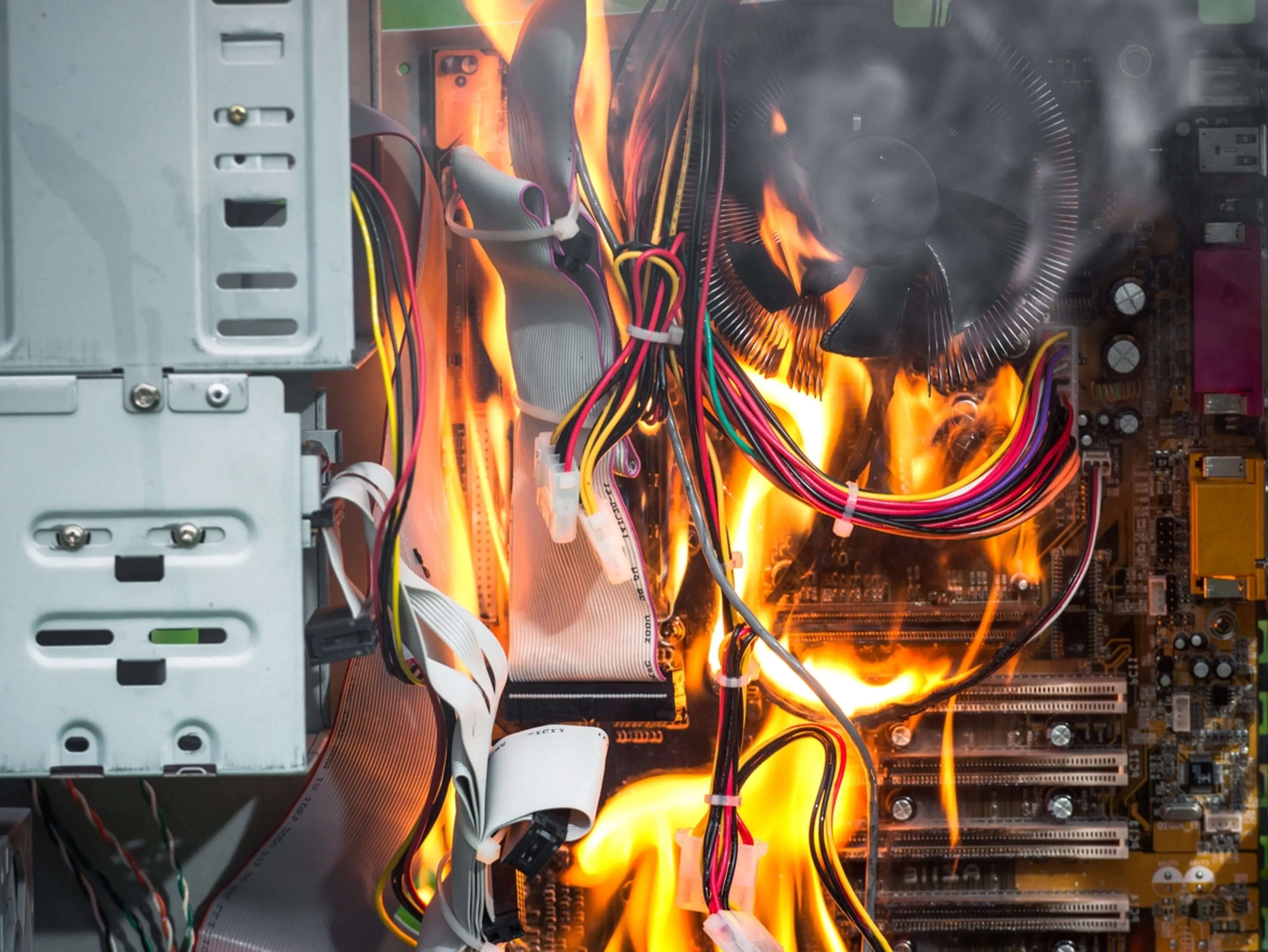 Image of fire at the back of a computer